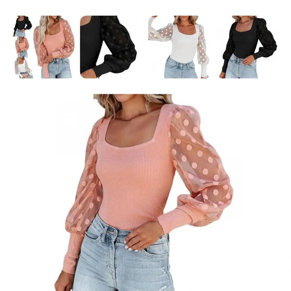 

Tee Top 3D Cutting Women Blouse Square Collar Mesh Sleeve Casual Blouse
