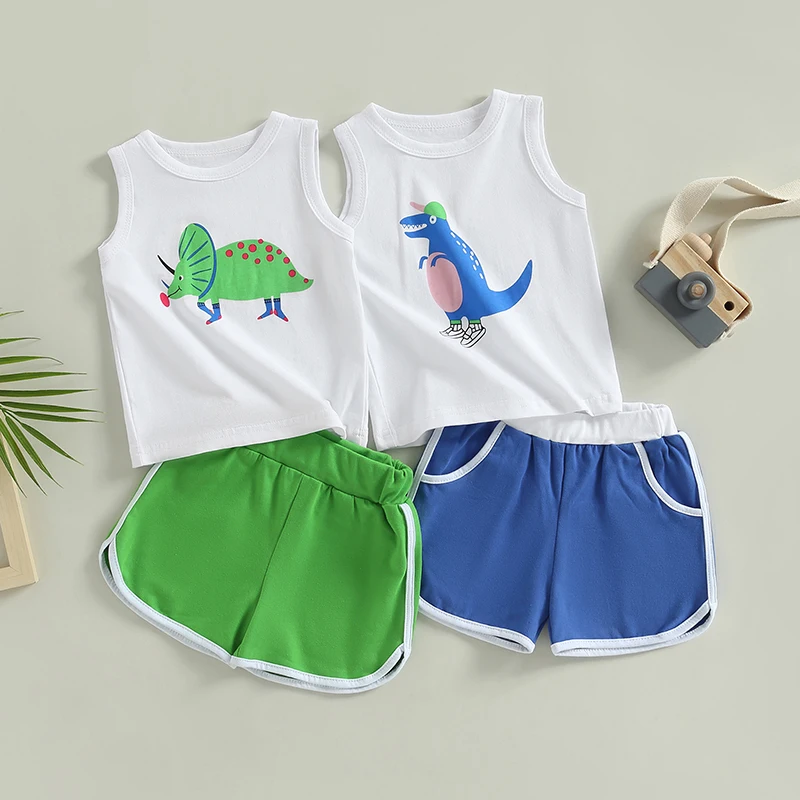 

Летний костюм для маленьких мальчиков 2 шт., майка без рукавов с принтом динозавра, жилет и шорты, модные комплекты детской одежды