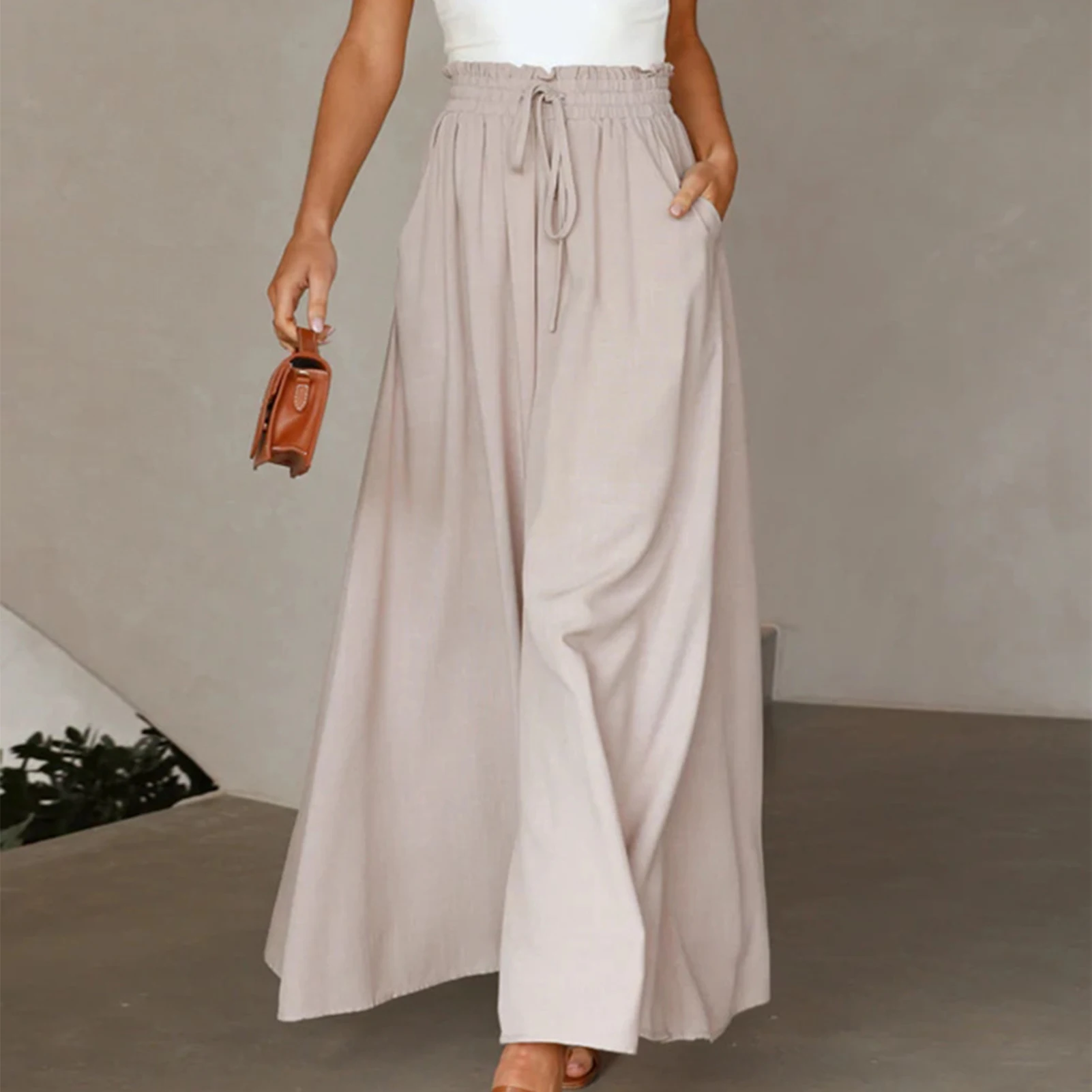 

Брюки женские с эластичным поясом, хлопково-льняные повседневные штаны с широкими штанинами, на шнуровке, модные элегантные брюки с завышенной талией и карманами, весна-лето