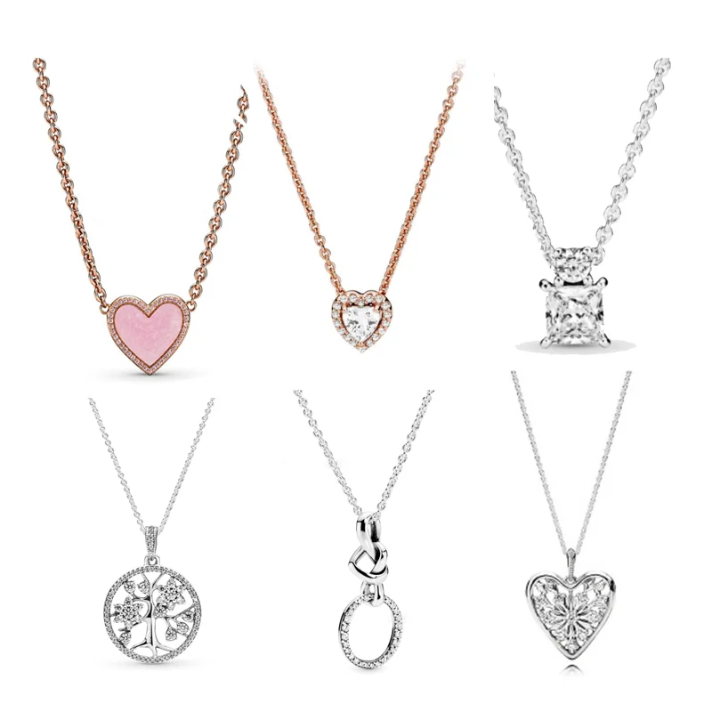 

LR 925 Sterling Silver Women's Necklace Family Happiness Tree Pink Heart Charm Princess Square Shiny Zircon Surround Charm Gifts
