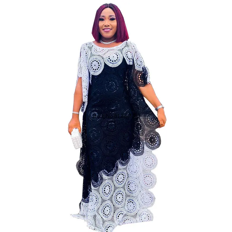 

New Style Classic African Women Dashiki Guipure Cord Lace Abaya Stylish Water-Soluble Loose Long Dress + Inside Skirt Free Size
