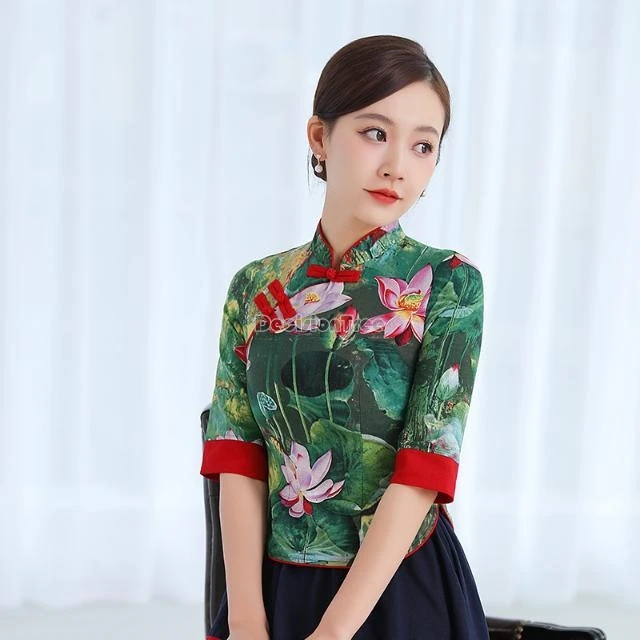 Новинка весна-лето 2024 блузка Ципао в китайском стиле с улучшенным цветочным