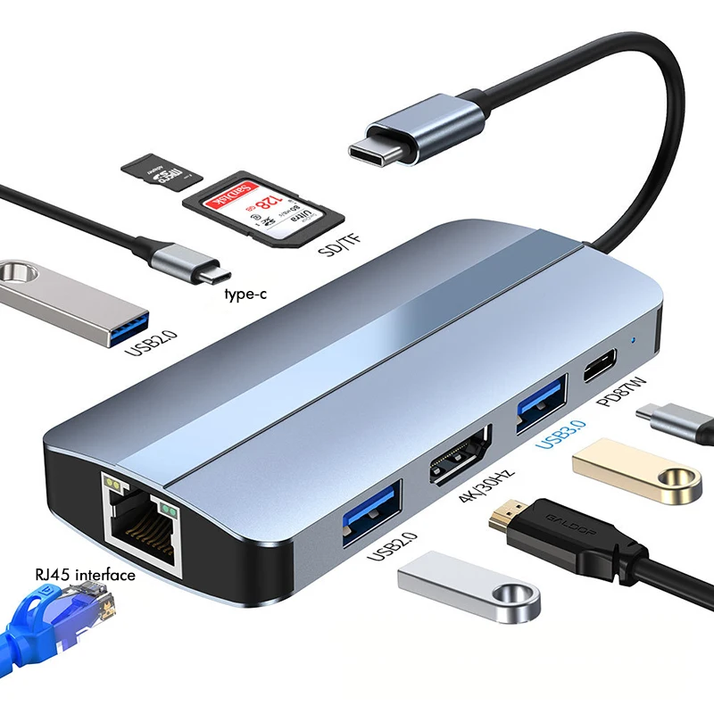 Док-станция 9 в 1 с USB Type-C, HDMI, 4K, зарядным устройством 87 Вт PD, гигабитным Ethernet, 3 USB-порта, кардридером SD/TF