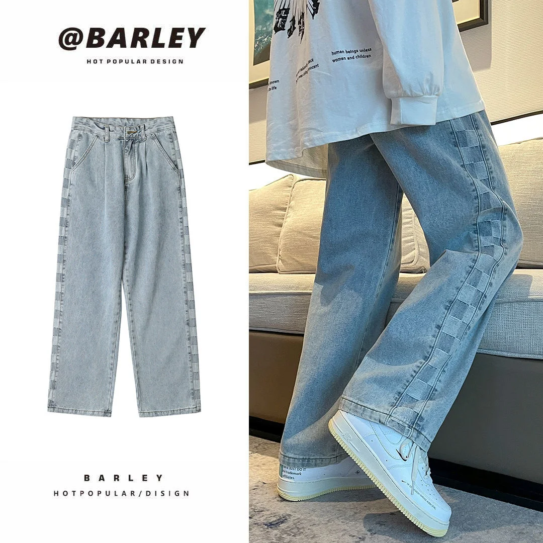 

NoEstaMal Side Plaid Jeans For Men Loose Fashion Straight Denim Pants Harajuku Streetwear Hip Hop Casual Male Trousers Japanese
