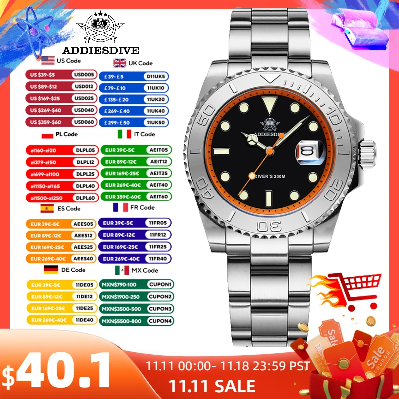 Мужские часы ADDIESDIVE 41 мм кварцевые для дайвинга водостойкие 200 м из нержавеющей