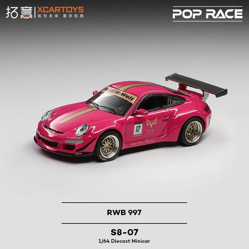 Фото Модель гоночного автомобиля POP RACE Porsche RWB997 рубинового цвета, масштаб 1/64, имитация сплавного кузова, сувенир. №3