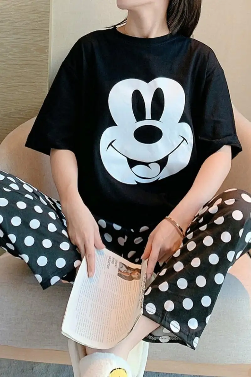 Disney Casual Mickey Pajamas Set Woman Short Sleeve Black Tops and Polka Dot Pants Fashion Homewear Women Set Summer 2022 New