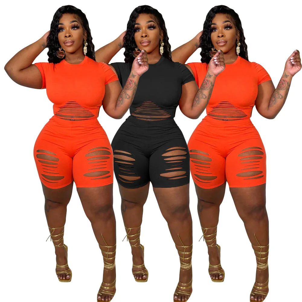 

Women Two Piece Set Summer Casual Homewear Sexy Hollow Out Short Sleeve Tops Pants Set Tracksuit Shorts Suit Matching Outfits
