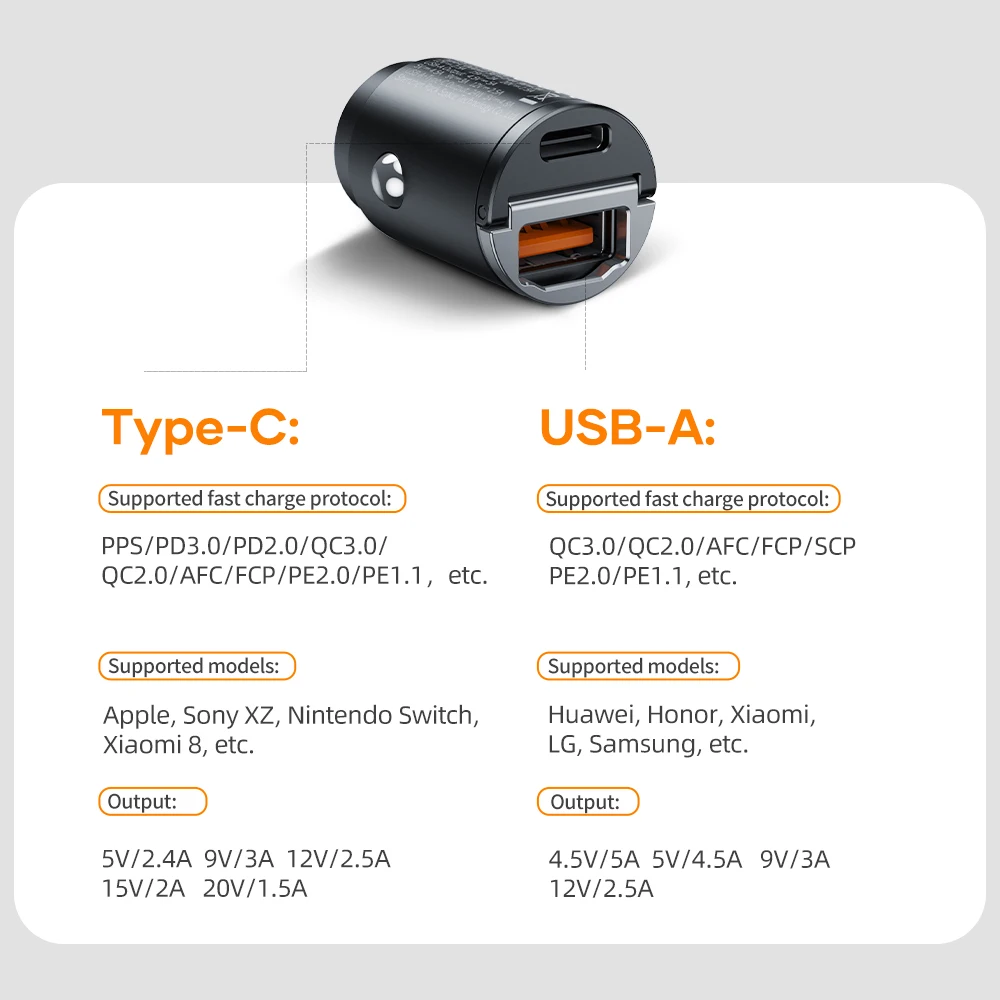 ROCK 30W USB Type C Car Charger For iPhone 14 Pro Max QC3.0 PD3.0 Mini Metal Dual USB Fast Charging Adapter For Xiaomi Samsung