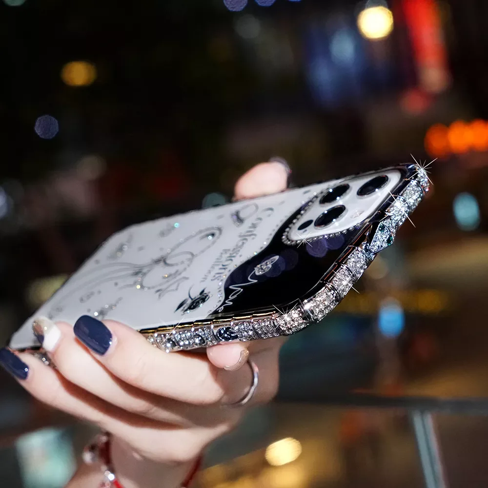 

Luxury Bling Diamond Inlay Snake Metal Bumper For iPhone 11 12 13 Pro Max XR X Max 8 7 Plus SE 2020 Mini Frame Acrylic Back Case