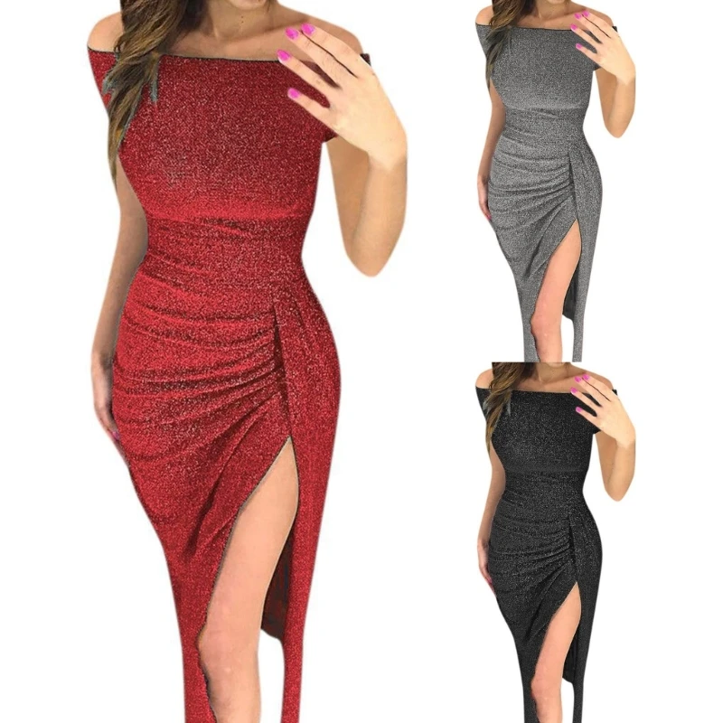 

Womens Retro Bodycon Dress Long Side Split Dress Cocktail Dress Wrap Split Elegant Ruched Party Dress Ruched Wrap Dress