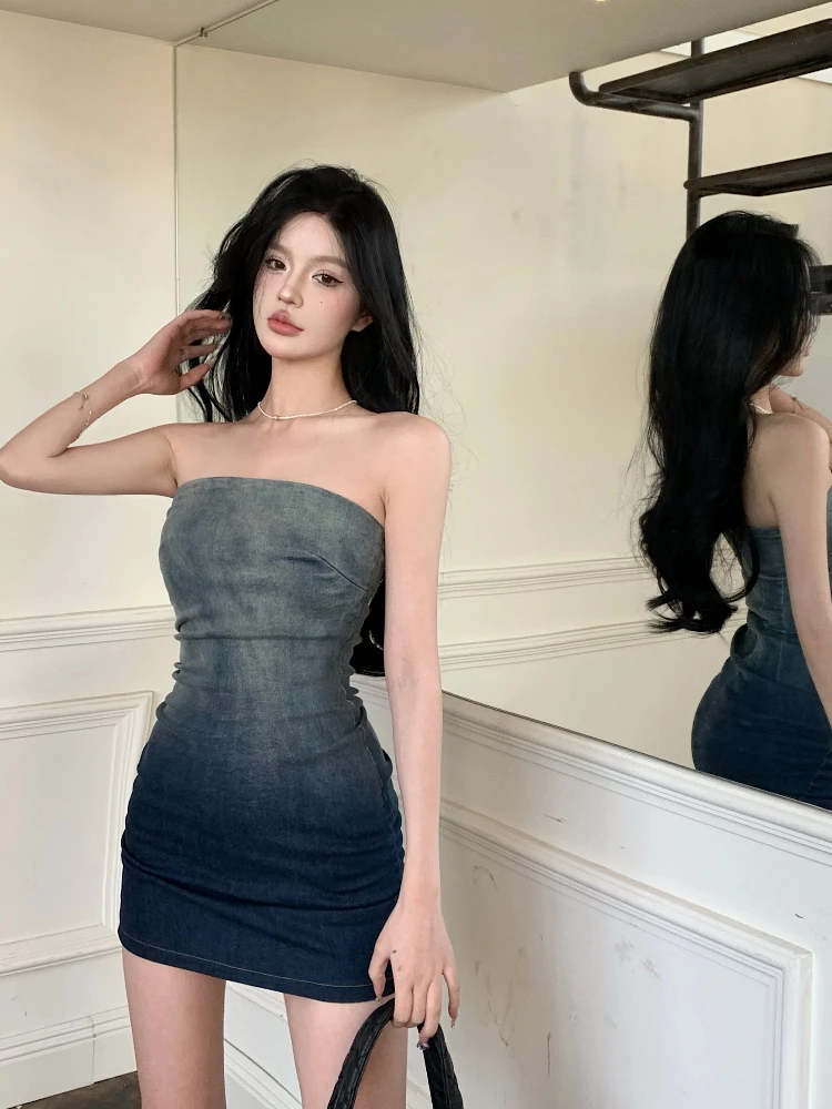 Летнее милое и острые Модное Новое постепенное джинсовое платье с бюстгальтером