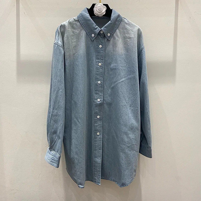 

22 Autumn Runway Cotton Blouse Simple Casual Washed Basic Denim Tops Elegant Chic Loose Office Long Sleeve Shirts Lady Clothes