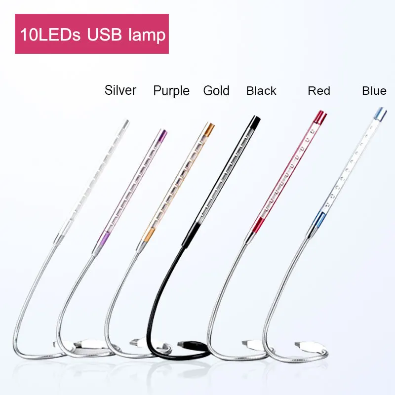 

USB Light 10 LEDS Mini Flexible Metal LED Lamp Book Reading Lights For Notebook Laptop PC Computer 6 Colors Super Bright