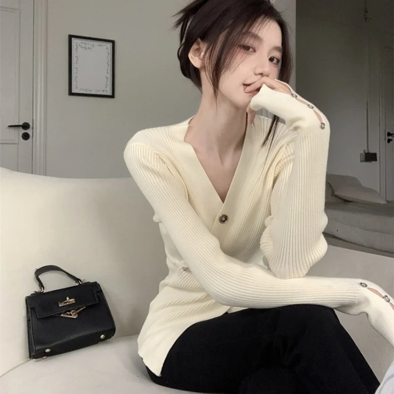 Новый вязаный свитер с длинным рукавом и v-образным вырезом женские пуловеры