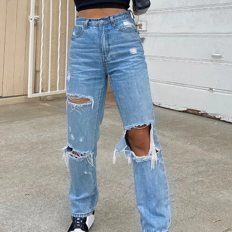 2023 Jeans Trousers with Holes and Fine Buttons High Waist Pockets Elastic Women's Clothes with Holes Loose Denim Trousers