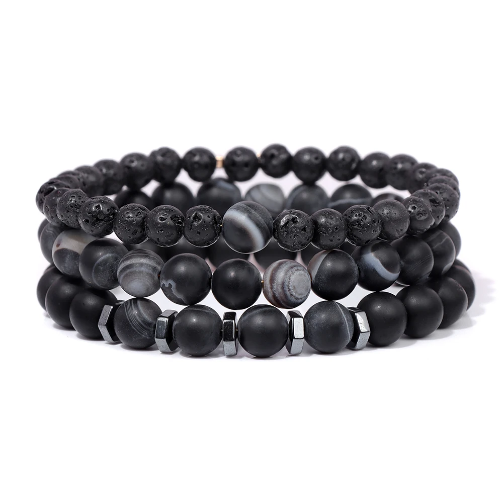 

Vintage Men Black Striped Agates Lava Stacking Bracelet Set Hematite Spacer Bead Bracelet Gift For Boyfriend Husband Men Jewelry