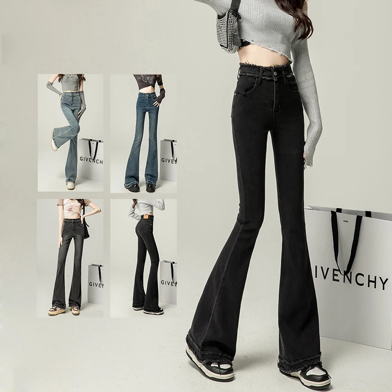 

Новые эластичные расклешенные джинсы с бахромой, женские модные облегающие джинсы в стиле ретро, женские широкие брюки из денима с высокой талией