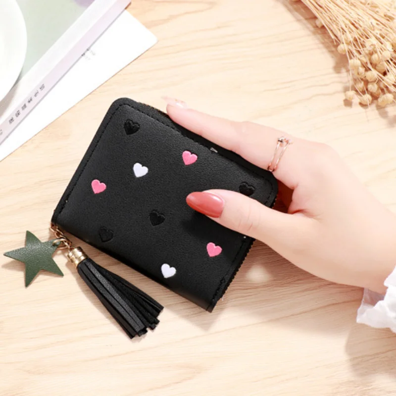 

Women Tassel Wallet Ladies Small Mini Cute Coin Purse Short Zipper Credit Card Holder Stylish Simplicity Heart Embroidery