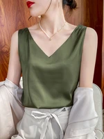 honghanyuan women summer silk v neck sleeveless t shirt backless shirts vintage blouse solid color black white female tops