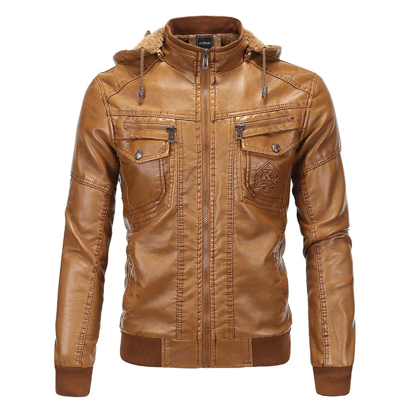 

2021Winter Men's Leather Jacket Warm Zipper Hooded Coats/Fashion Casual Biker jacket Men/Faux Leather Solid Color Men's Clothing