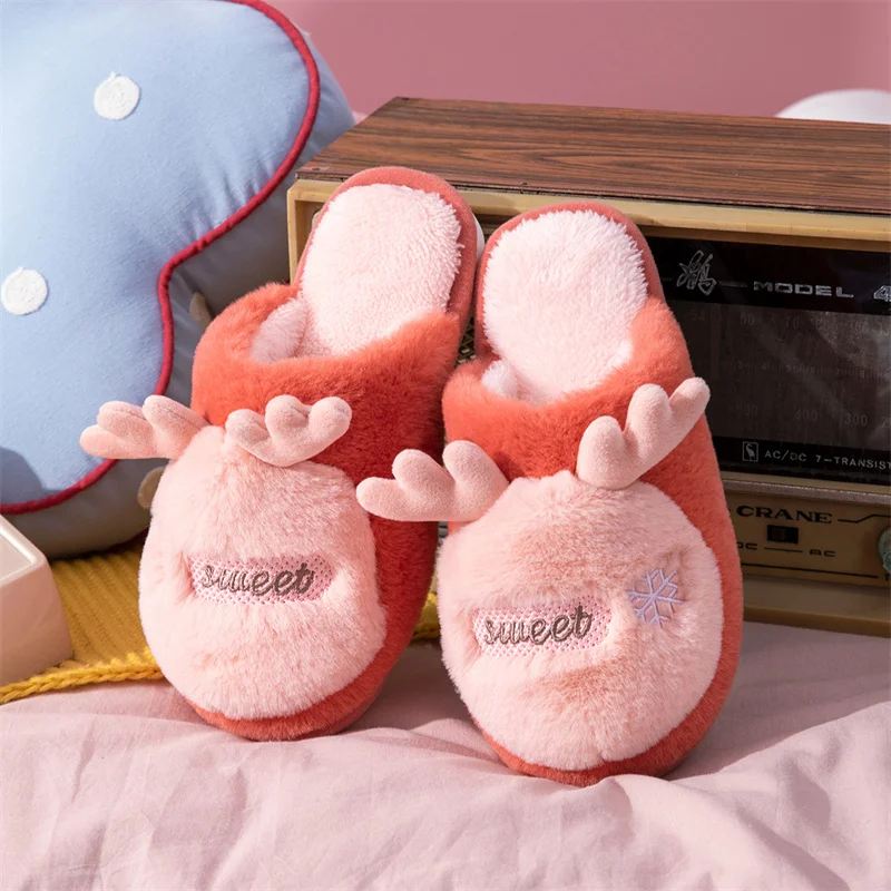 

New Women Slippers Plush Warm Floor Slides Fluffy Hairy Cartoon Antlers Cute Female Shoes Outdoor Home Thicken Cotton Slippers