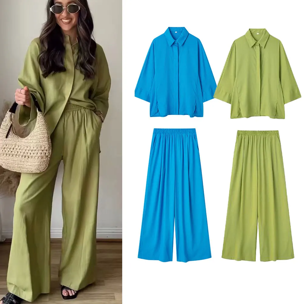 Sherouse женская повседневная льняная блузка и комплект широких брюк с высокой