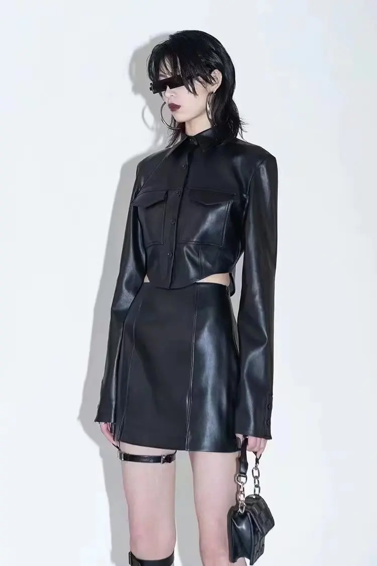 MOLAN Black Woman Leather Short Jacket Za Fashion PU Coat Singal Breasted Chic Pockets High Street Outwear Top Female PU Coat