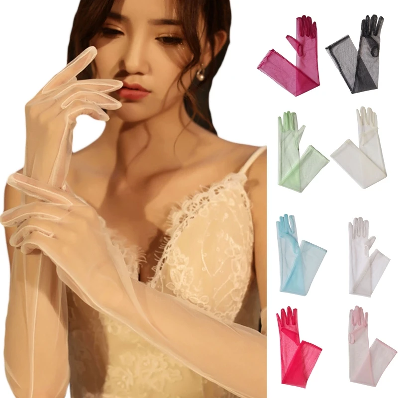 

Exquisite Long Tulle Elbow Gloves 55cm Wedding Gloves Ultra Thin Stretchy Full Finger Mittens for OPERA Party Concert T8NB