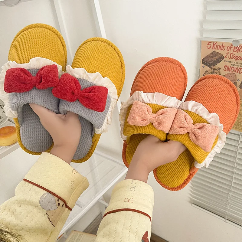 

Women Cotton Slippers Female Autumn and Winter Indoor Home Cute Bow Cartoon Couple Girl Heart Plush Warm Slippers