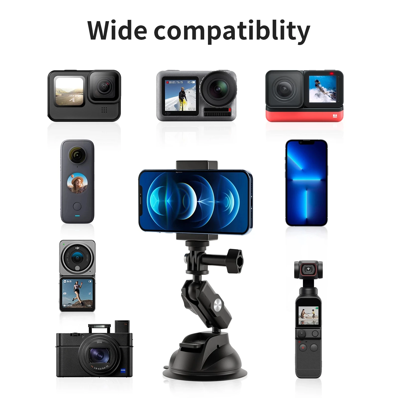 TELESIN Universal Car Phone Holder Suction Cup 360° Adjustable 1/4 Adapter For GoPro 13 12 Insta360 DJI Action 5 4 iPhone 15 16