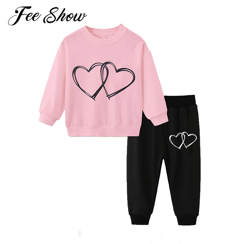 

2 Pieces Sets Tracksuit Casual Heart Print Sweatshirt+Elastic Waist Pants Girls Outfits Autumn Winter Sports Running Sportswear