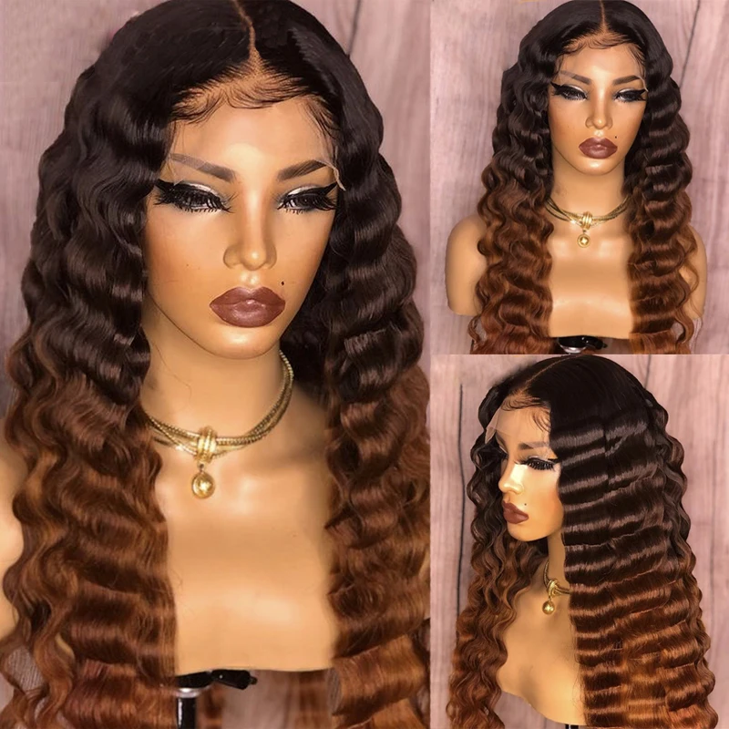 

Soft 26''Long Natural Hairline Ombre Blond Deep Wave 180%Density Lace Front Wig for Women BabyHair Glueless Preplucked Daily