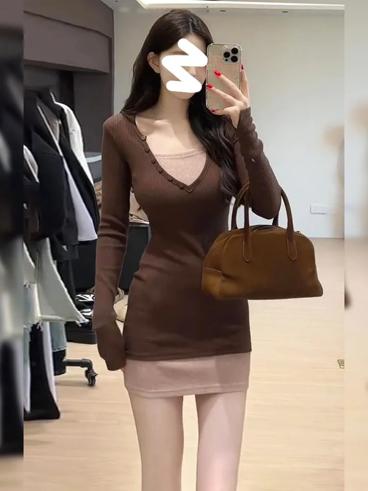 Ранняя осень Искусственное двухсекционное трикотажное платье с длинными