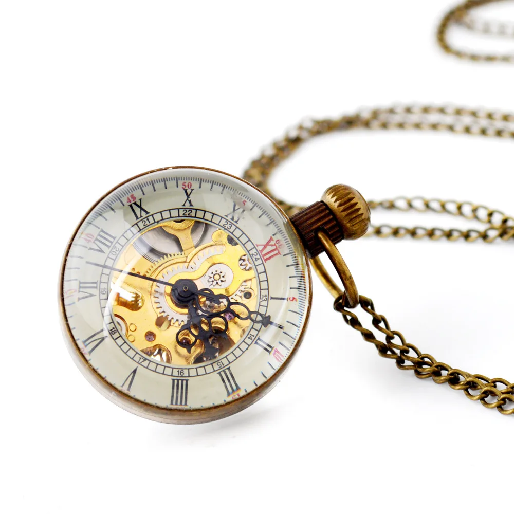 Luxury Ball Mechanical Pocket Watch for Men Women Vintage Skeleton Transparent Dial Roman Numeral Number Fob Chain Pendant Clock