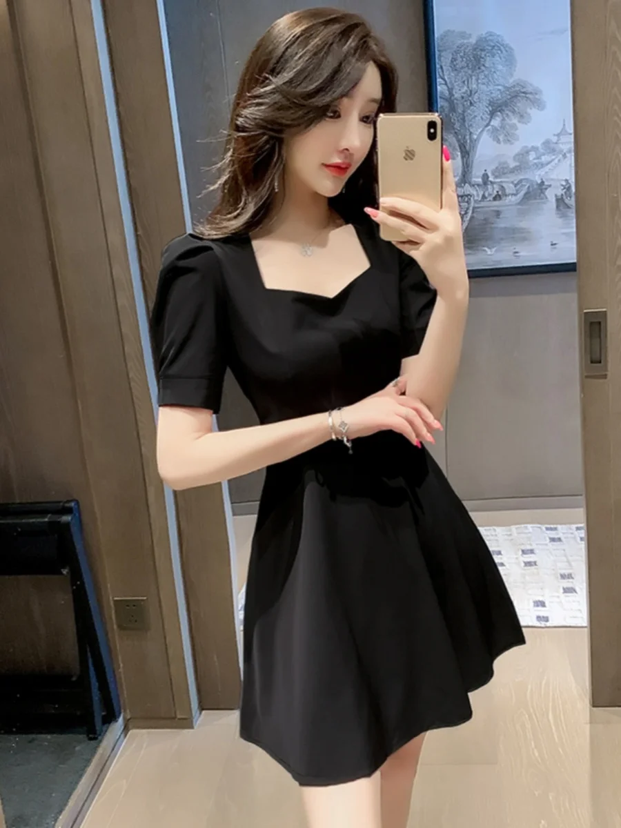 A Word Waist Hugging Temperament Short Hepburn Black Dress Chubby Sle Skirts Slimming High Sense Summer