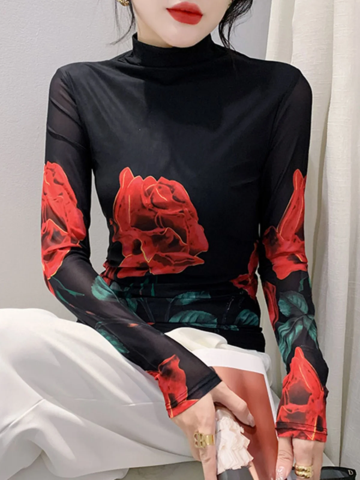 Размер S-4XL женская осенне-зимняя водолазка с длинными рукавами сетчатая футболка