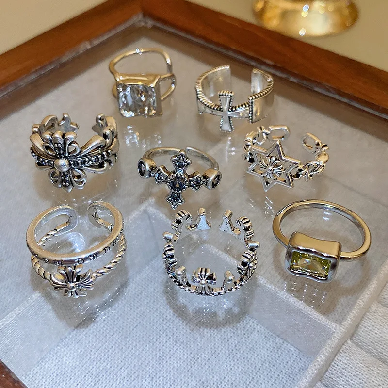 

New Diamond Cross Crown Open Ring Female Fashion Trend Punk Index Finger Ring Hip Hop Men's Opening Ring luxury men jewerly ring
