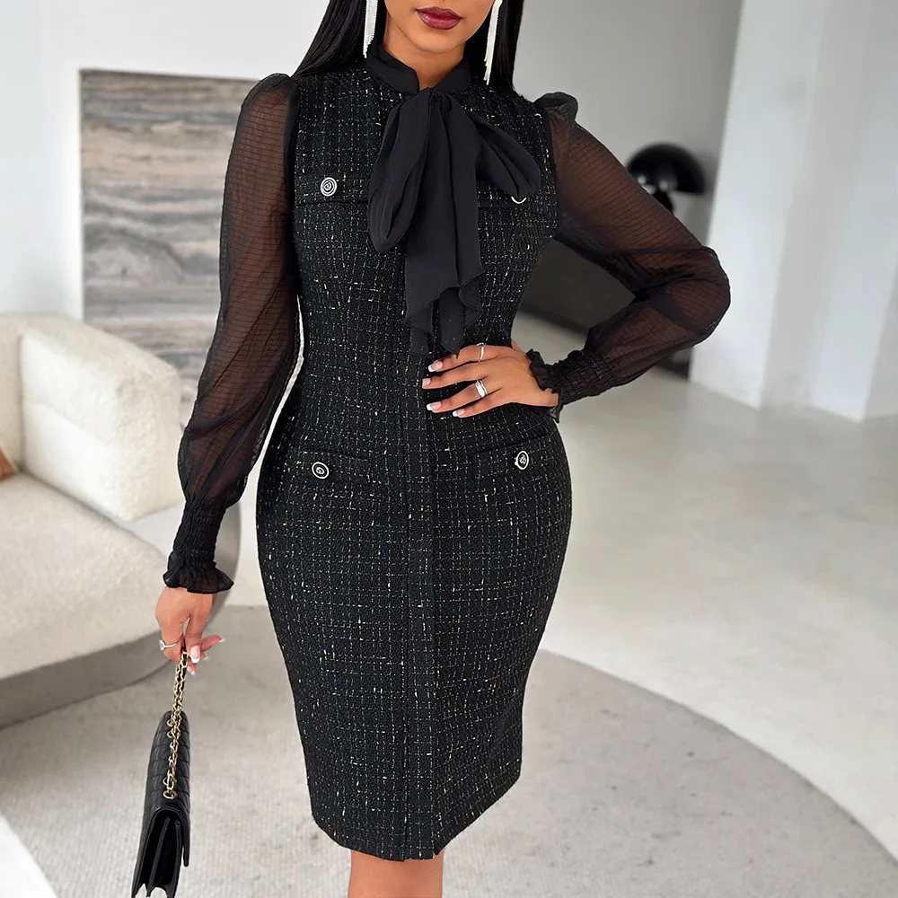 Женское платье миди с завязками на шее прозрачное сетчатое длинными рукавами и