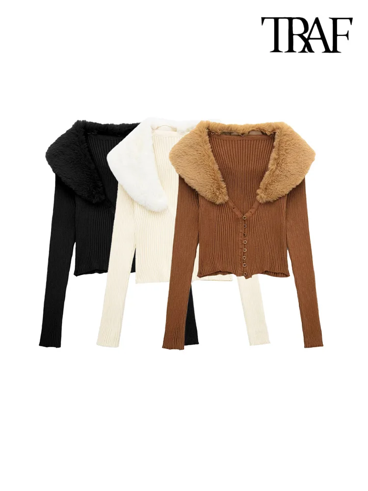 

TRAF Women Fashion With Faux Fur Crop Knit Cardigan Sweater Vintage Long Sleeve Front Button Female Outerwear Chic Tops