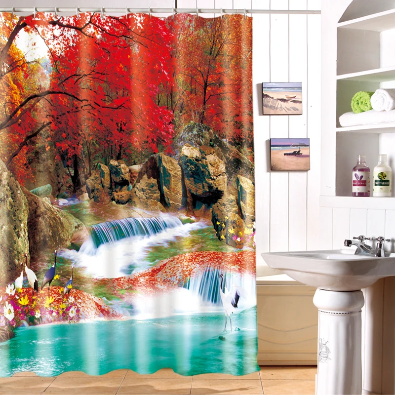 

Занавески для душа с 3d-изображением горного водопада, пейзажа, водонепроницаемые тканевые шторы для ванной, моющиеся Товары для ванной комнаты