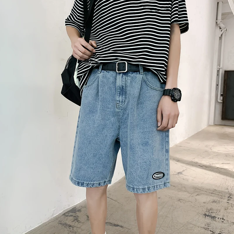 

Summer Men's Wide Leg Denim Shorts Men Fashion Casual Shorts Korean Style Straight Baggy light Blue Short Jeans Male Clothes