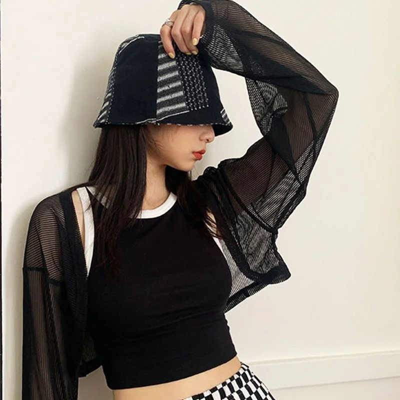 

2022 Spring Summer Women T Shirts Fashion Y2k See Through Black White Smock Long Sleeve Crop Top Ladies Tee Streetwear Y561