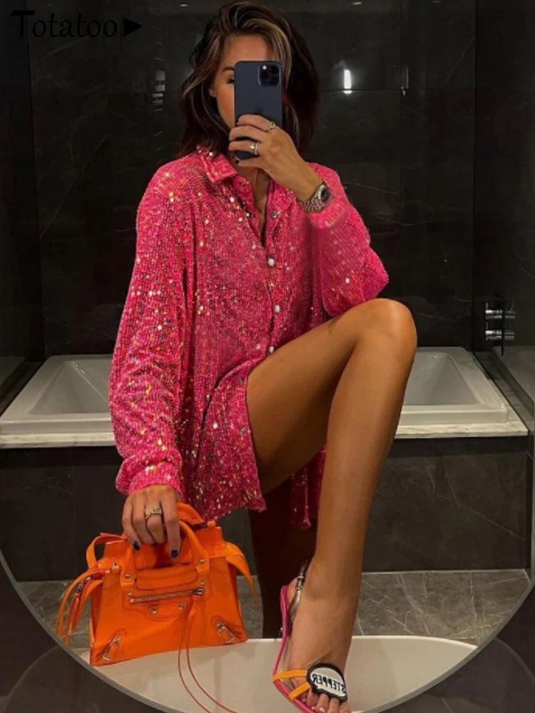Totatoop-женская блузка на пуговицах с V-образным вырезом и пайетками рубашки длинным