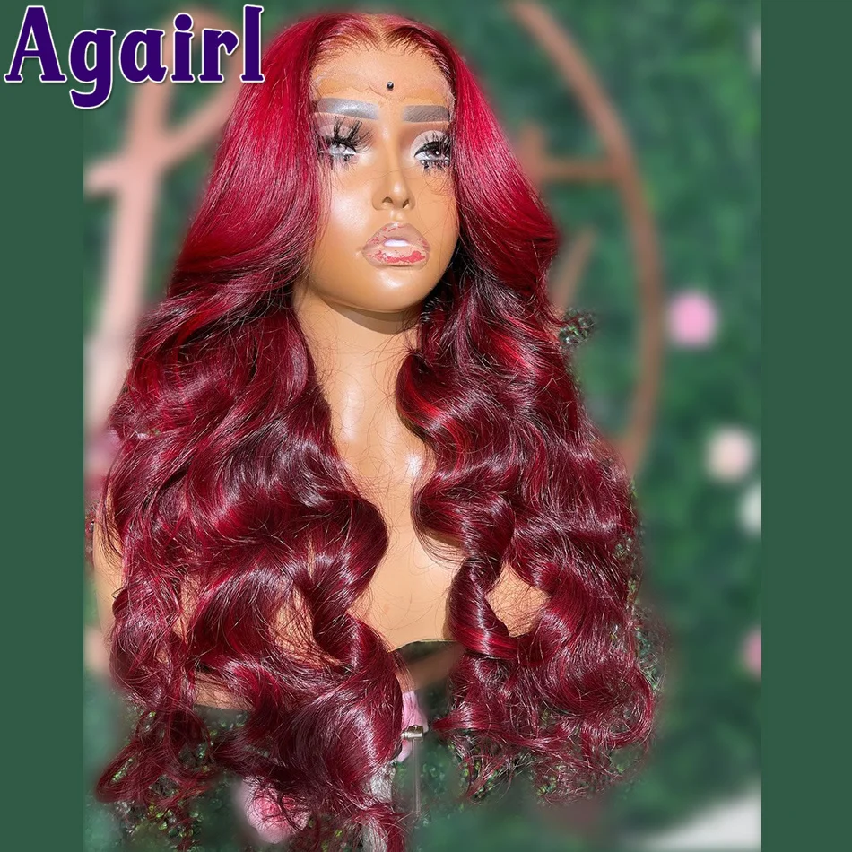 Highlight Red with Burgundy Body Wave Human Hair Wigs Transparent 13x4 Lace Frontal Wig Cherry Red 5x5 HD Lace Closure Wig 30