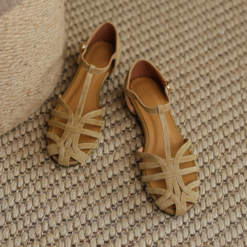 Roman Style Gladiator Shoes Kid Suede Summer Shoes With Closed Toe Buckle One Strap Women Flats For Spring Women Retro Sandals