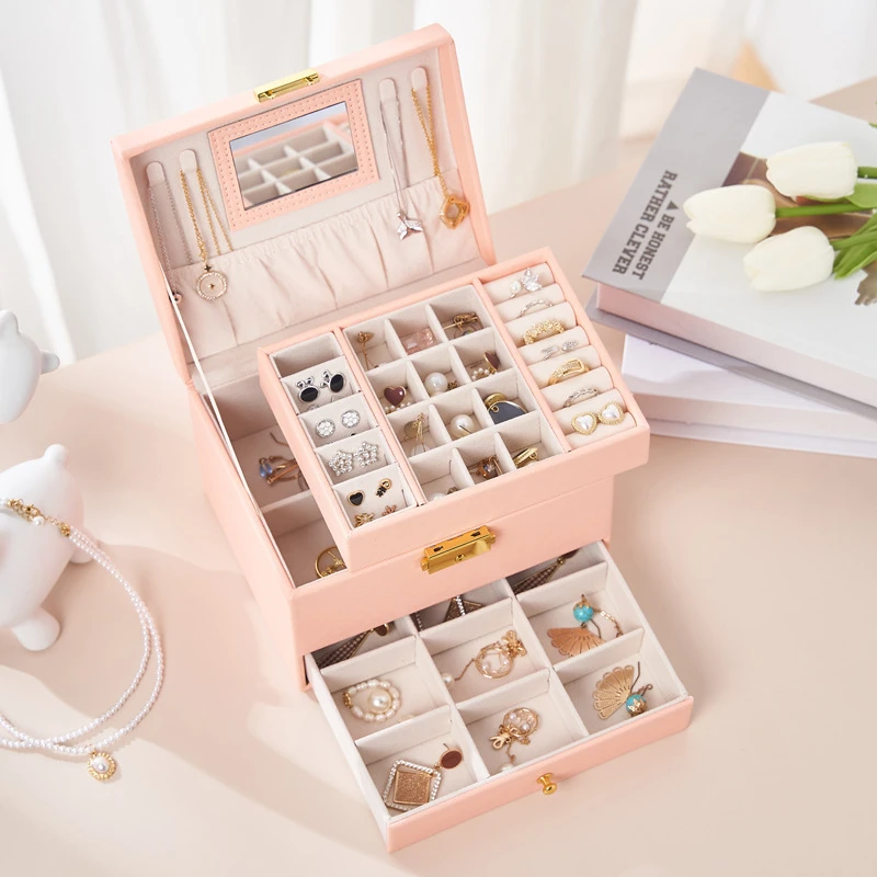 Ailodo PU Leather Jewelry Organizer With Mirror Multilayer Necklaces Earrings Rings Bracelets Jewelry Box For Women Girls Gift