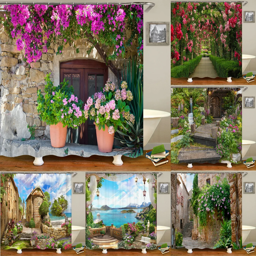 

Flowers Scenery Waterproof Shower Curtains Bathroom Curtains Polyester Fabric Washable Decor Bath Curtains