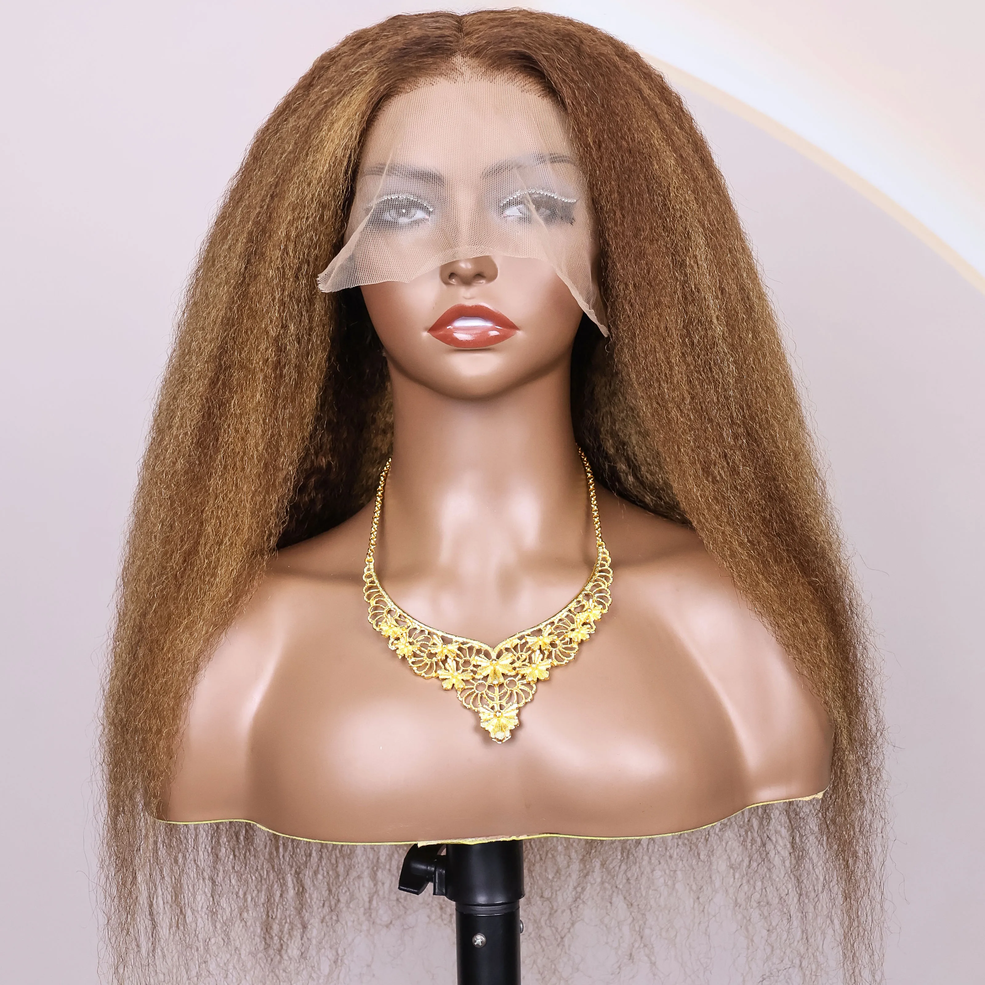 Фото Выделите 4/27 Ombre Kinky Straight 13X6 HD Парики спереди на шнуровке Человеческие волосы для женщин Парик яки Предварительно выщипанный Натуральный черный Плотность 200% №1
