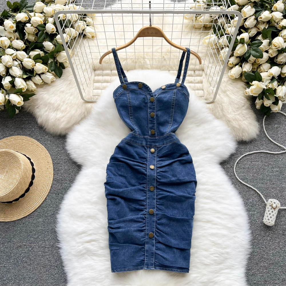 

Hot Girl Slim Denim Suspender Dress for Women Summer Sexy Club Night Dresses 2022 New Pleated A- Line Elastic Jeans Party Dress